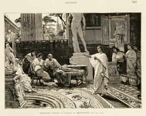 Mecenas ouvindo Virgílio lendo Eneida, ilustração de Lodovico Pogliaghi (1857-1950) para História inicial de Roma, de Francesco Bertolini (1836-1909), edição Fratelli Treves, Milão