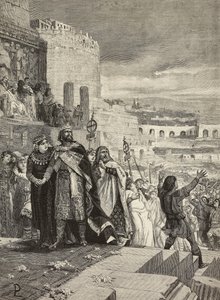 Casamento de Ugo e Marozia, procissão de casamento na presença do Papa, gravura de E Mancastroppa de pintura de Lodovico Pogliaghi (1857-1950), de L