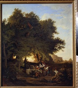 Au puits (No Poço). Peinture de Ludwig Richter (1803-1884). Arte allemand. Huile sur toile. Museu de Arte Regional I. Kramskoi, Voronezh (Voronej), Russie.