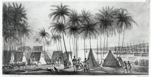 Porto de Hanarourou nas Ilhas Sandwich, de "Viagem pitoresca ao redor do mundo", gravado por G. Langlume (fl.1822-40) 1822 de Ludwig Choris