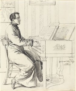 Grimm, Ludwig Emil Alemão, 1790 - 1863 O Cunhado do Artista, Ludwig Hassenpflug, Preparando-se para Tocar o Piano, 1826 (caneta e tinta preta sobre grafite em papel de capa)