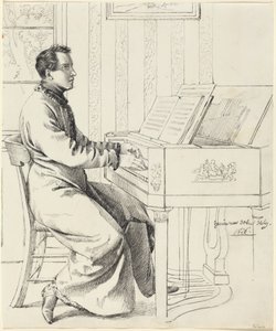 O cunhado do artista, Ludwig Hassenpflug, a preparar-se para tocar piano de Ludwig Emil Grimm