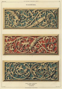 Trabalho em madeira esculpida em bancos na Igreja de Santa Maria, Lubeck, Alemanha (cor litho) de Ludwig Gruner