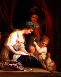Uma Mãe e os seus filhos com uma Enfermeira Atrás