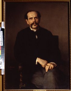 "Retrato de um homem" Ele está vestido com um fato preto, um anel de sinalização no dedo. Pintura de Ludwig Knaus (1829-1910) Ivan Kramskoy (ou Kramskoi) Museu de Belas Artes em Voronezh, Rússia. de Ludwig Knaus