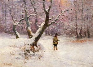 Paisagem de inverno com caçadores (óleo sobre tela)