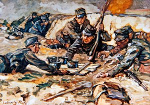 Trazer rações para as trincheiras austríacas sob fogo da artilharia russa de Ludwig Putz