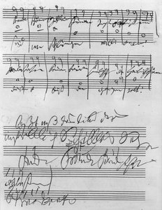 Nota musical manuscrita (tinta no papel)