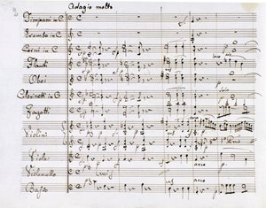 Página de música da Sinfonia nº 1 em Dó Maior do compositor alemão Ludwig van Beethoven (1770-1827) (1799-1800) Milan Biblioteca del Conservatorio