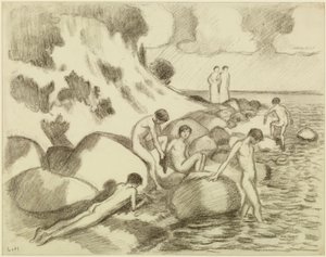 Rapazes a banhar-se na praia, duas mulheres ao fundo de Ludwig von Hofmann