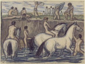 Jovens com cavalos no bebedouro de Ludwig von Hofmann