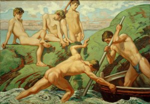 Skippers nus (pescadores) e meninos nas margens verdes