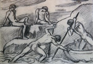 Barqueiro nu e jovens em uma costa verde (grafite sobre papel) de Ludwig von Hofmann