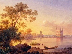 Vista do Pavilhão Rosa (Ozerki) em Peterhof (São Petersburgo). Trabalho de Luigi Premazzi (1814-1891), aguarela sobre papel. Arte italiana do século XIX, academismo. Museu Estatal ao Ar Livre Peterhof, São Petersburgo. de Luigi Premazzi