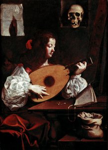 O jogador de alaúde Perto da pontuação, dois anéis são colocados, um pino e um crânio (vanitas) é colocado sobre uma bancada. Pintura de Luigi Miradori dit Il Genovesino (1600/10-1655/57) Galleria di Palazzo Rosso Genes Itália do século XVII