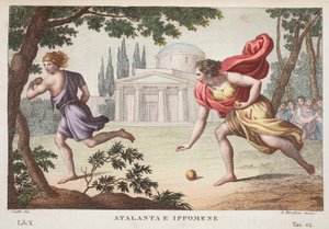 Atalanta e Hipomenes ou Atalanta e Ippomene, Livro X, ilustração de Metamorfoses de Ovídio, Florença, 1832 (gravura colorida à mão)