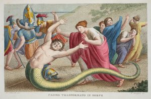 Cadmus em uma Serpente ou Cadmo Transformato em Serpe, Livro IV, ilustração de Metamorfoses de Ovídio, Florença, 1832 (gravura colorida à mão)