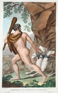 Hércules e Cerberus ou Cerbero Incatenato da Ercole, Livro VII, ilustração de Metamorfoses de Ovídio, Florença, 1832 (gravura colorida à mão) de Luigi Ademollo