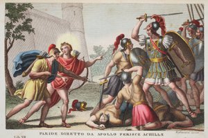 Paris mata Aquiles ou Paride diretto da Apollo Ferince Achille, livro XIII, ilustração de Metamorfoses de Ovídio, Florença, 1832 (gravura colorida à mão)