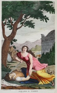 Pírolo e Tebbe ou Piramo e Tisbe, livro IV, ilustração de Metamorfoses de Ovídio, Florença, 1832 (gravura colorida à mão)