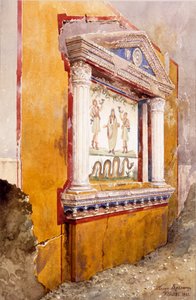 Lararium do altar da família, visto in situ após a escavação, casa de Aulus Vettius, Pompeii, c.36-39 AD, 1895
