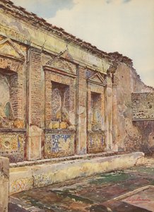 Pompeia: Casa del Torello, vista arquitetónica do Nymphaeum (litografia a cores)