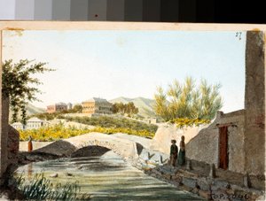Vista da Villa Saluzzo Bombrini no distrito de Albaro, Génova (Desenho e aguarela, ca. 1825)