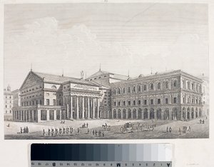 Vista do Teatro Carlo Felice e do Palácio da Accademia em Génova (Etching de Luigi Garibbo