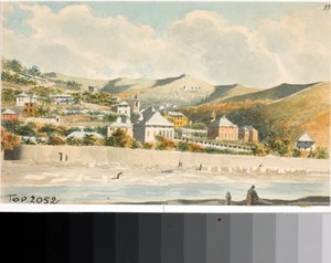 Vista sobre a colina Marassi com campanário da igreja de Santa Margherita perto de Génova (aguarela, ca. 1825) de Luigi Garibbo