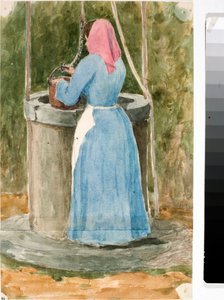 Mulher do Povo a Tirar Água do Poço (Aquarela