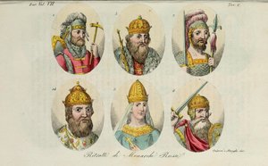 1. Rurik 2. Igor de Kiev 3. Olga 4. Sviatoslav 5. Vladimir, o Grande 14. Ivan IV do traje antigo de Giulio Ferrario, 1831