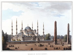 Mosquee do Sultão Ahmed (1609-1616), Istambul. em "Views in the Ottoman Dominions, in Europe, in Asia, and some of the Mediterranean islands" dos desenhos originais tirados por Luigi Mayer, Londres de Luigi Mayer