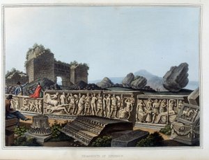 Ruínas e friso esculpidos em Éfeso, antiga cidade da Grécia, hoje na Turquia. em "Views in the Ottoman Dominions, in Europe, in Asia, and some of the Mediterranean islands from the original drawings taken by Luigi Mayer, London de Luigi Mayer
