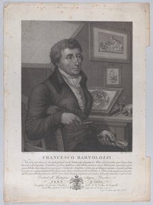 Retrato de Francesco Bartolozzi, sentado, segurando uma lupa com ferramenta de gravura..., 1827 de Luigi Rados