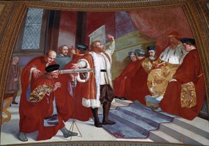 Galilee dit Galileo Galilei (1564-1642) na presença do Doge. O cientista apresenta o telescópio no Senado de Veneza, na torre do sino da Praça de São Marcos. Pintura de Luigi Sabatelli (1772-1850). Fresco. Firenze, Tribuna Galileiana