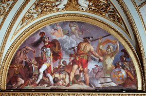 A Ilíada de Homere: "Ajax aperta para atirar uma pedra a Hector, nos céus Júpiter dorme nos braços de Juno" (Ilíada de Homero: luta entre Hector e Ajax, Ajax atira uma pedra a Hector, no momento em que Júpiter dorme com Junon) Pintura de Luigi Sabatel