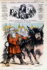 Cartoon on Tolstoy de Luigi Sapelli Caramba (1865-1936) sobre a carta enviada por Tolstoy à Santa Sé. Capa do Pasquino de 05/05/1901.