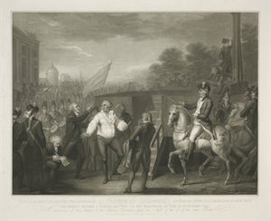 Lodewijk XVI bij het schavot O comportamento calmo e controlado de Lewis XVI ao se despedir de seu confessor Edgeworth / o momento antes de um período ser colocado em sua existência em 21 de janeiro de 1793 (título no objeto) de Luigi Schiavonetti