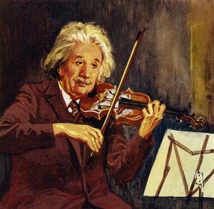 Albert Einstein a tocar violino (litografia a cores)