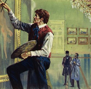Delacroix a trabalhar na sua tela no Salão de Paris (litografia a cores)