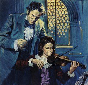 Eugene Delacroix era uma criança frágil que desde cedo mostrou talento para o violino (litografia a cores)
