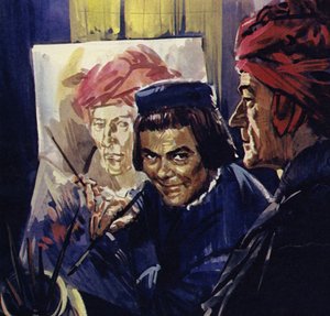 Em Bruges, Van Eyck pintou retratos como O Homem do Turbante Vermelho (litografia a cores)