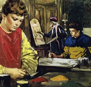 Jan e o seu irmão Herbert Van Eyck começaram a sua vida como aprendizes de um pintor local (litografia a cores)
