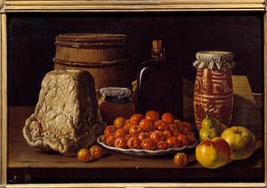 Queijo, fruta e recipiente. Pintura de Luis Melendez (1716 - 1780), escola de espanhol