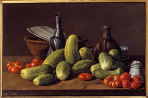 Natureza morta: pepinos, tomates e recipientes. Pintura de Luis Melendez (1716 - 1780)