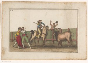 Picador aponta a sua lança para um touro
Coleccion de las principales suertes de una corrida de toros (título da série)
Colecção das manobras mais importantes na tourada (título da série) de Luis Fernandez Noseret