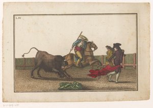 Picador empurra a sua lança para dentro de um touro
Coleccion de las principales suertes de una corrida de toros (título da série)
Colecção das manobras mais importantes na tourada (título da série) de Luis Fernandez Noseret
