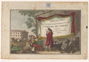 Impressão do título com toureiros e uma pele de touro Coleccion de las principales suertes de una corrida de toros (título da série no objeto) Colecção das manobras tauromáquicas mais importantes (título da série) de Luis Fernandez Noseret