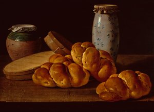 Bodegon com Pão, duas Caixas Doces, um Pote de Mel e um Frasco de Cerâmica