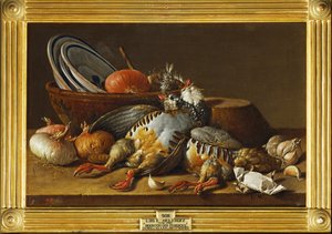 Natureza-morta com duas perdizes, cebolas e utensílios de cozinha ... (pintura sobre tela)